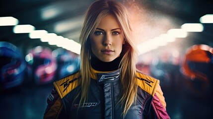 Woman in racing dress - female motosport car racer, blurred garage background