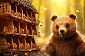 Wall Mural -  a brown bear standing next to a pile of honey jars.  generative ai