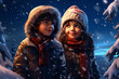 illustration of cute little kids in winter outfit fascinated looking at snowfall. Winter lifestyle, first snow. 