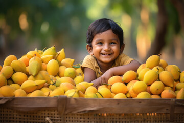 Wall Mural - indian cute boy with mango fruit