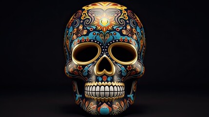 Canvas Print - 3D rendered day of the dead sugar skull with colorful pattern isolated on black background