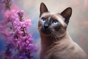  a siamese cat with blue eyes and a pink flower.  generative ai