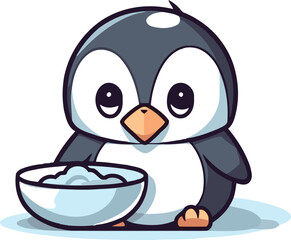  Cute penguin with a bowl of milk. Vector illustration.