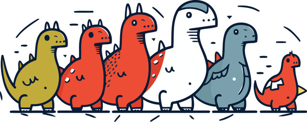 Cute hand drawn doodle vector illustration of a group of funny dinosaurs