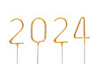 Golden numbers 2024 on stick on white isolated background. New Year and Christmas celebration concept, wishes and greetings, card design