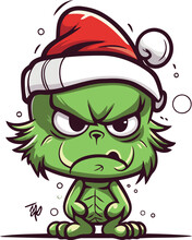 Angry Cartoon Monster In Santa Claus Hat. Vector Illustration On White Background.