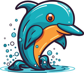 Wall Mural - Cartoon dolphin. Vector illustration of a dolphin jumping in the water.