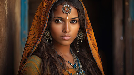 Wall Mural - Empowering Ethnic Beauty: Traditional Indian Woman in a Cinematic Portrait. Generative AI