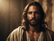 Jesus ist ein gnädiger Mensch oder ein Mann aus historischer Zeit der ernst schaut