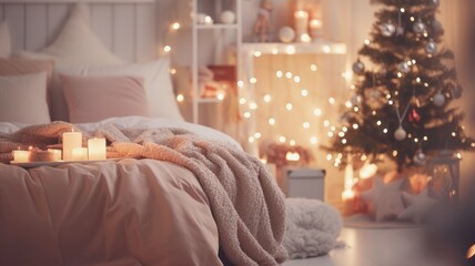 Wall Mural - Cozy Christmas Bedroom Interior with Festive Decor - Celebrating Happy New Year at Home