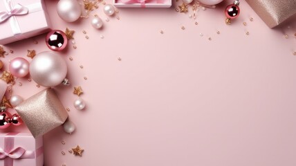 Poster - Festive Christmas Flatlay with Baubles, Branches, and Presents on Pink Background with Space for Copy: A Top View of the Perfect Holiday Composition.