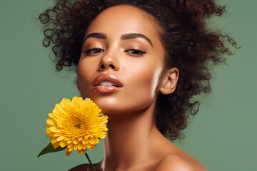 Wall Mural - Beautiful poc young woman with curly black hair holding yellow flower. Green background. Natural cosmetics fashion concept. Banner with copy space