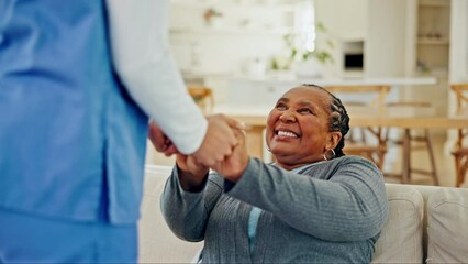 Poster - Old woman, African and holding hands with nurse and trust, support and conversation with kindness and elderly care. Help, caregiver and patient, homecare and communication with comfort and respect