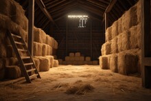A Barn Filled With Hay And A Ladder. This Image Can Be Used To Depict Farm Life Or Agricultural Activities.