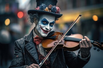 Poster - A man dressed as a clown playing a violin. This image can be used to add a touch of whimsy and entertainment to various creative projects.