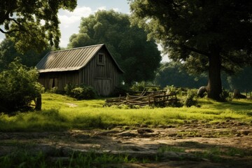 Canvas Print - A picture of a barn located in the middle of a beautiful grassy field. This image can be used to depict rural landscapes or farm life.