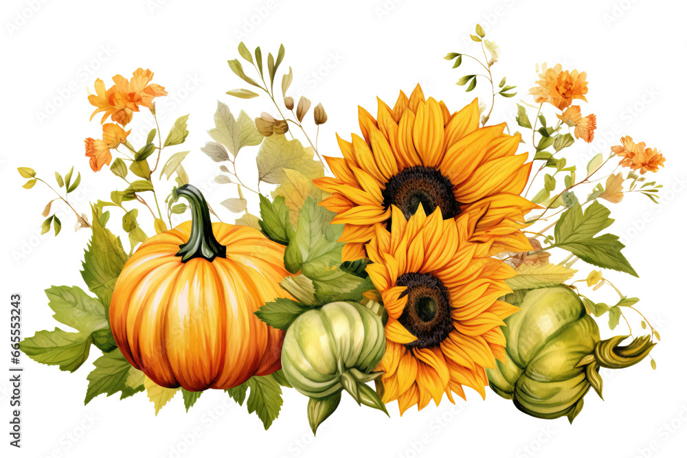 Pumpkin and Sunflower Watercolor Clip Art Illustrations, Isolated on ...