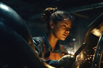 Wall Mural - A woman in an orange apron is seen working on a piece of metal. This image can be used to depict craftsmanship, metalworking, or DIY projects.