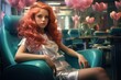© Fotograf - A woman with red hair is sitting in a chair. This image can be used to depict relaxation, waiting, or contemplation