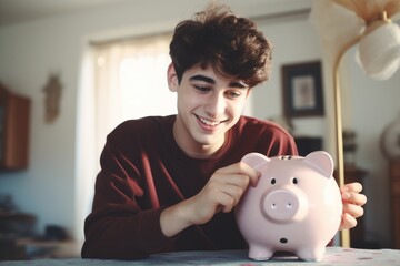 Canvas Print - A young man is seen holding a pink piggy bank. This image can be used to depict financial planning, saving money, or teaching children about money management