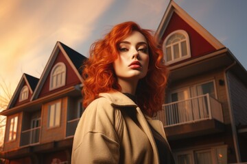 Wall Mural - Woman with Red Hair in Front of House