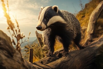 Sticker - A close-up photograph of a badger perched on a log. This image can be used to illustrate wildlife, animal behavior, or nature-themed articles and publications.