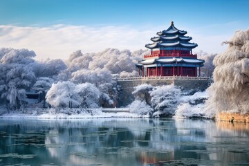 Sticker - Winter landscape of the famous Gyeongbokgung palace in South Korea, Imperial Summer Palace in Beijing,China, AI Generated