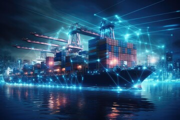 Wall Mural - Containers shipping in harbor at night with connection lines. Mixed media, Incorporating new tech for ship transport and cargo regulation, AI Generated