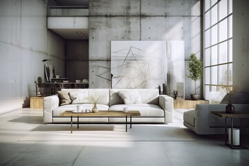 Sticker - Interior of modern living room with concrete walls, concrete floor, white sofa and coffee table. 3d rendering, Interior of modern living room with white walls, concrete floor, AI Generated