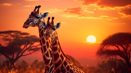 Wall Mural - Two beautiful giraffes against the sunrise.