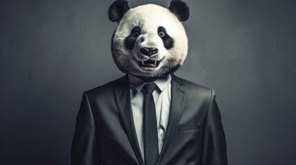 Storytelling image of a businessman wearing a giant panda head. business concept.