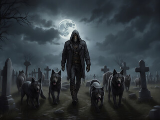 Dark man with wolfes in spooky halloween graveyard, ai generated