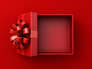 Leinwandbilder - All red gift box open or top view of red present box with red ribbon bow isolated on dark red background with shadow minimal conceptuals for christmas and valentines day 3D rendering