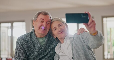 Poster - Phone, kiss and senior couple with selfie in a living room with care, trust and support at home. Smartphone, profile picture and old people in a house with love, fun and retirement, freedom or bond