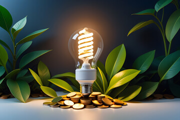 energy saving lamp with coins and plants, ecology and savings concept