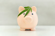 Profiting from selling marijuana, piggy bank on a wood background with a marijuana leaf. spending money on drugs.