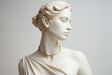 Statue With Jewelry, Bust Of Woman Wearing Golden Necklace And Earrings. Sculpture With Luxury Jewelry. Timeless, Eternal Beauty And Style Concept. Gypsum Stone Woman Greek Statue With Golden Chain
