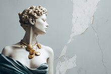Statue With Jewelry, Bust Of Woman Wearing Golden Necklace. Sculpture With Luxury Jewelry. Timeless, Eternal Beauty And Style Concept. Gypsum Stone Woman Greek Statue With Golden Chain, Copy Space.