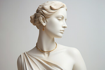 Statue with jewelry, bust of woman wearing golden necklace and earrings. Sculpture with luxury jewelry. Timeless, eternal beauty and style concept. Gypsum stone woman Greek statue with golden chain