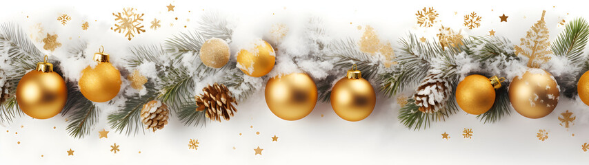 Wall Mural - golden christmas balls, stars, pine cones and spruce branches in a row covered with snow on white ba