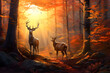 Deer and roe group in autumn forest with trees covered with orange leaves falling down. Sunset in the background.