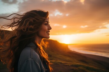 Poster - A beautiful woman with long hair fluttering in the wind on a sunset beach looking at the distant sea. generative AI