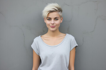 Wall Mural - Portrait of confident young woman in short blonde hair wear gray blank t-shirt