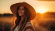 © yj - A beautiful woman with long hair fluttering in the wind in a meadow where the sun is setting is looking at the distant horizon. generative AI