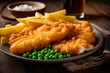 Delicious fried fish and potato chips served with green peas. Generative AI