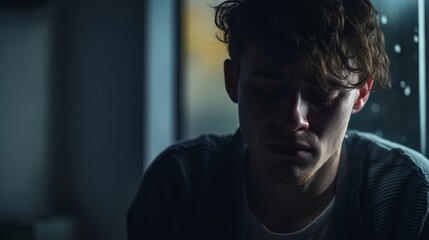 Depressed sad looking young man near a window. Dramatic concept for mental illness, depression, grief.
