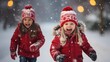 © Oksana Smyshliaeva - Children’s Christmas portrait outside. Decorated Christmas tree in snowy winter holidays outdoor. Happy children having fun..