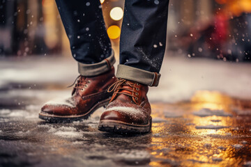 Close-up man feet in classic brown leather shoes standing on a snowy urban street, winter weather