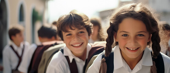 Wall Mural - Smiling schoolboy and schoolgirl with backpacks standing together outdoors and looking at camera. Close-up, blurred background. Generative AI