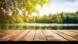 Fototapeta Las - Empty wooden table on blurred river and forest bench background. 